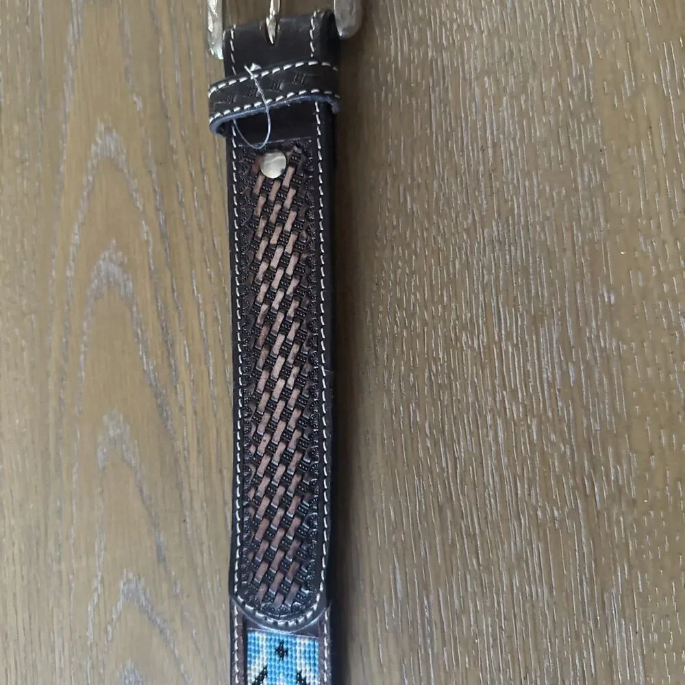 Twisted X Beaded Western Leather Belt Ss 38 Turquoise Brown Silver Buckle Boho